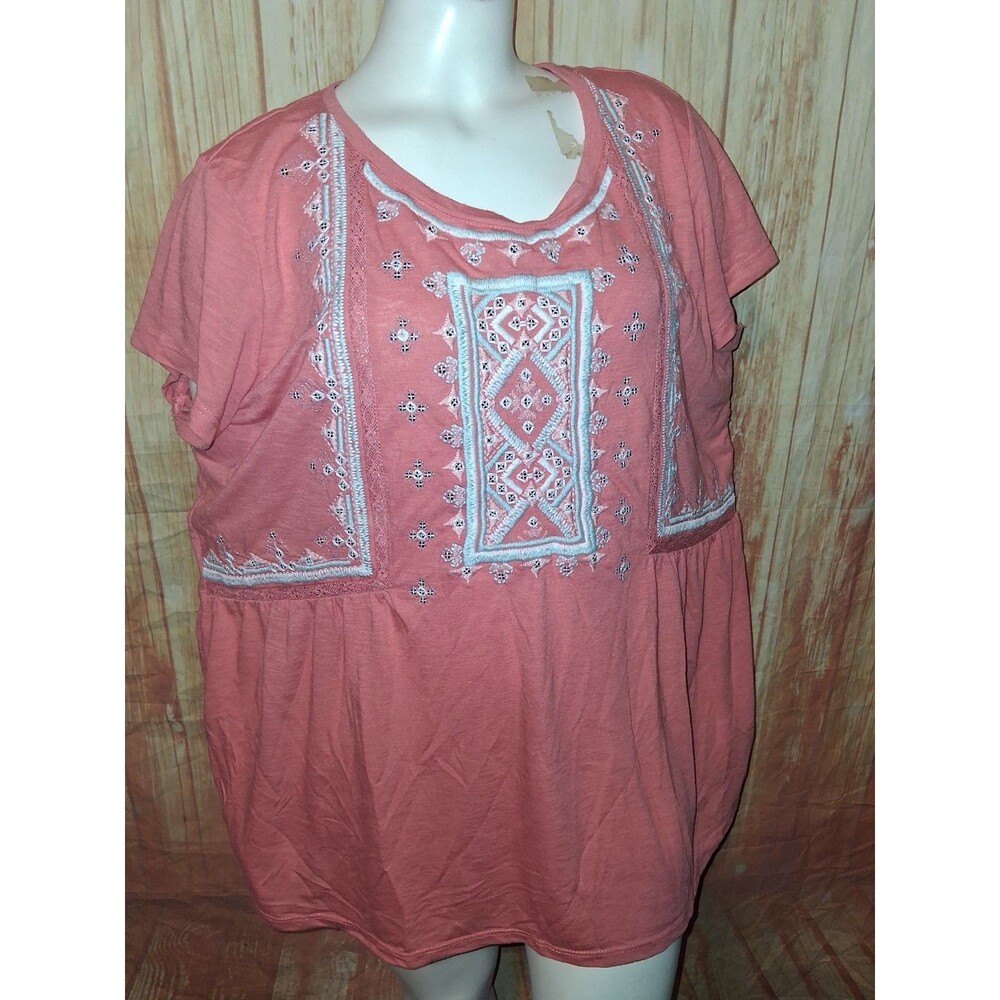 Style & Co Multicolor Embroidered Geometric Short Sleeve  Blouse Sz 2X